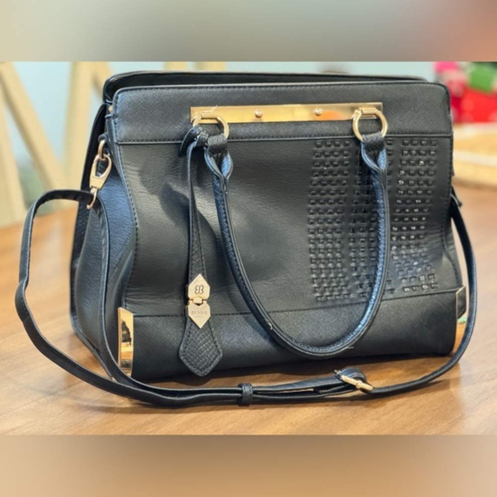 Bessie London Black Gold Bar Structured Tote Bag